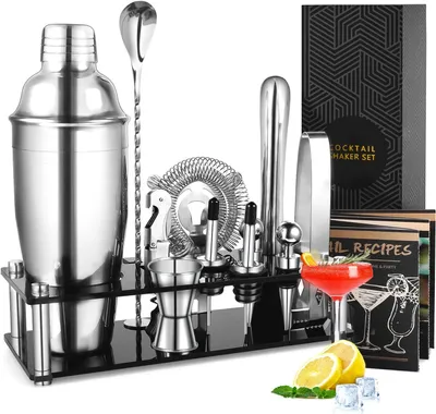 Produktbild von Cocktail-Set, Homeasy Cocktail-Shaker-Set, 13-teiliges professionelles Edelstahl-Cocktail-Zubehör-Set mit Ständer, Rezepten und Barzubehör für Hausbars und Veranstaltungen im Freien