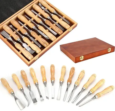 Imagen del producto de Juego de herramientas para tallar madera, 12 piezas: cinceles para tallar, cuchillos para tallar, con piedra de afilar. Juego de cinceles para tallar madera con estuche de madera. Cinceles para carpintería, para profesionales y principiantes