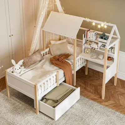 Image de OKWISH Lit Cabane Enfant 90x200 cm - Avec Bureau en L, Bibliothèque et Tiroirs - Avec Barrière et Sommier - Sans Matelas - Bois Blanc