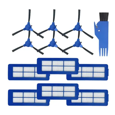A set of cleaning accessories for a robot vacuum cleaner, including brushes and filters, laid out on a white background.