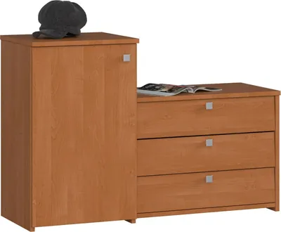 A wooden cabinet with drawers and a hat on top, set against a white background.
