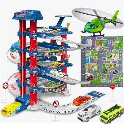 Produktbild von Parkhaus für Kinder 4 Etagen mit elektrischem Aufzug Autos Helikopter Spielmatte ab 3 Jahren