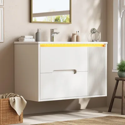 Image de Meuble sous-lavabo de 81 cm, à fixer au mur, vasque en céramique, motif ondulé, éclairage LED, système de fermeture douce