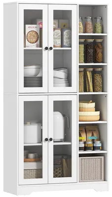 Productafbeelding van Keukenkast met glazen deuren, planken, open opbergruimte, 172 cm hoog, MDF, wit