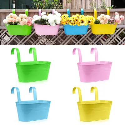Image de Pots de fleurs suspendus en métal, pots de jardin, jardinières de balcon, seaux en métal, supports à fleurs, pots muraux décoratifs - Crochets amovibles (4 pièces) (grands)
