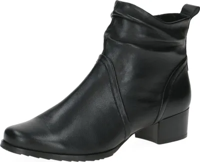 A single black leather boot is shown against a white background.