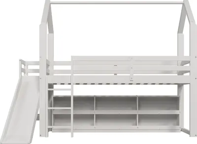 Produktbild von Hochbett 90x200cm Einzelbett(Ohne Matratze)Multifunktionsbett Massivholzbett Hausbett Kinderbett Mit Rutsche Treppen Schließfach und Regal Weiß