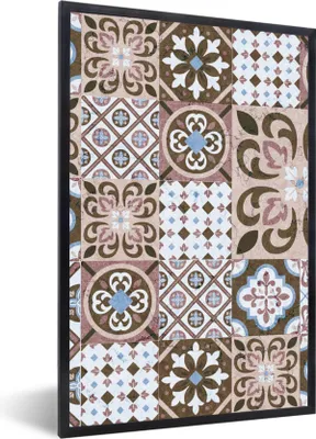 Produktbild von MuchoWow® Gerahmtes Poster Muster - Vintage - Braun - Blumen - Formen 60x90 cm - Poster mit Schwarzem Bilderrahmen Wandposter Rahmen Foto Bilder - Kunst