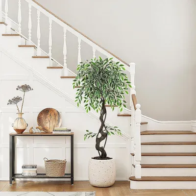 Image de Ficus artificiel, tronc courbé, 120 cm Plantes artificielles de grande taille avec pot blanc, arbre artificiel pour décoration d'intérieur, salon, chambre à coucher