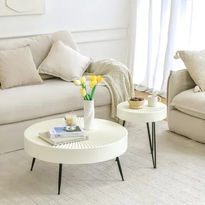 Obrázok produktu pre Sada konferenčných stolíkov, okrúhly tvar, 2 kusy, priemer 77 cm/výška 36 cm / priemer 40 cm/výška 47 cm, biela, moderný dizajn