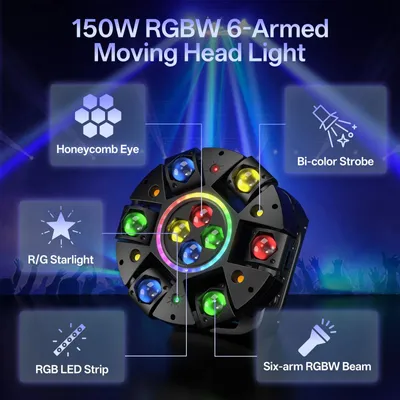 Immagine prodotto di Faretto mobile per palco - 150 W - 6 colori (RGBW) - DMX512/RDM, 26 canali - Angolo di emissione di 45° - Spina europea, 100–240 V