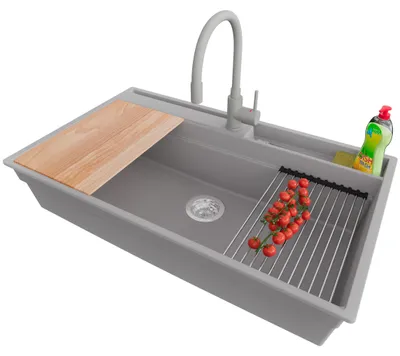 Produktbild von PRIMAGRAN Granitspüle Grau 88x53cm, Spülbecken 1 Becken + Küchenarmatur 38x14cm + Ablauf-Set + Küchenzubehörset, Küchenspüle ab 90er Unterschrank - Oslo Pocket