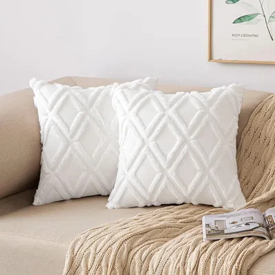 Productafbeelding van Set van 2 kussenhoezen, decoratieve kussens, fluwelen kussens, kussenhoezen, knuffelkussens, boheemse decoratieve kussens, zachte sofa kussens, decoratieve kussens voor de bank, woonkamer, 50 x 50 cm, wit