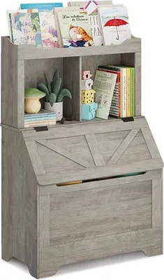 Produktbild von Kinder-Bücherregal & Spielzeugaufbewahrung - 3-stöckiges Holzregal mit Klappdeckel - Kippschutz - Für Kinderzimmer & Kindergarten - Grau