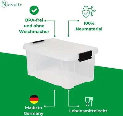 Produktbild von Novaliv Aufbewahrungsbox mit Deckel 5L transparente Nestbar stapelbare Plastikbox mit Clipverschluss Eurobox Kunststoff BPA-frei 30 x 19 x 14 cm
