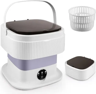 Image de Mini-machine à laver pliable - Machine à laver portable de 11 litres pour le camping, idéale pour les chaussettes et les sous-vêtements - Avec fonction d'essorage - Couleur : violet