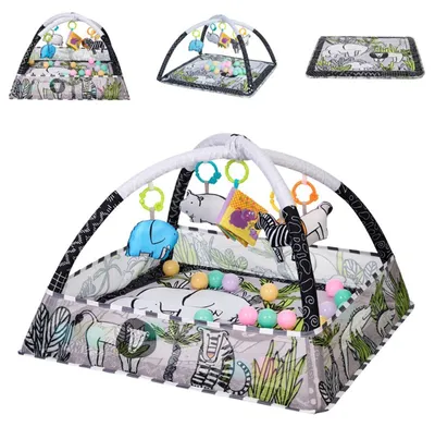 Immagine prodotto di Arco di gioco Kikkaboo, coperta per gattonare 2 in 1, giocattoli da afferrare, 18 palline, piscina di palline grigia