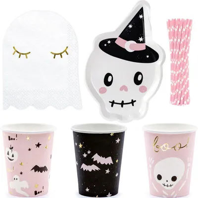 Produktbild von Partyset Skelett Halloween Teller Becher Servietten 68 tlg.