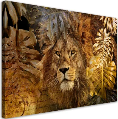 Immagine prodotto di Quadro su tela Leone e foglie dorate Monstera 100x70 Feeby Braun quadro per la parete pronto da appendere