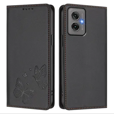 Produktbild von Lederhülle für Motorola Moto G55, Schmetterling Prägung Leder Brieftasche Schutzhülle mit Ständer Schwarz