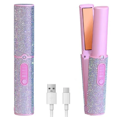 A pink and silver hair straightener with rhinestones, shown closed and open, with USB-C cables.