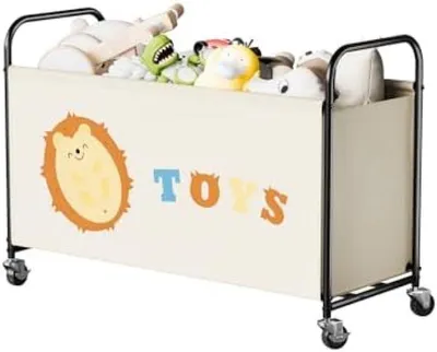Produktbild von PromoHome® Extra große Spielzeugkiste mit Rollen 135L – Aufbewahrungsbox für Kuscheltiere und Spielzeug, beige, 84x33x59 cm