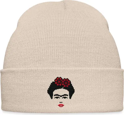 Produktbild von Spreadshirt Frida Kahlo Umriss Schwarz Und Rot Stick Bestickte Wintermütze, One size, Beige