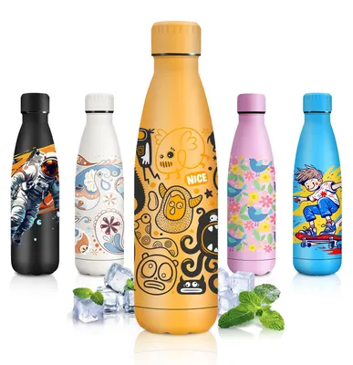 Imagen del producto de Botella termo JAPORIA de 500 ml, botella con diseño, termo sin BPA, botella aislante de doble pared y a prueba de fugas, botella de agua de acero inoxidable para niñas