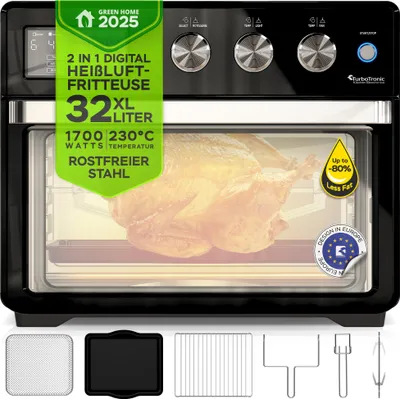 Produktbild von TurboTronic digitaler Heißluftofen XXL - AF32DRD - XXL 32 Liter mit Drehspieß für Hähnchen 5 in1 Mini Backofen, Dörrer & Power Heißluftfritteuse Airfryer ab 25°C Black