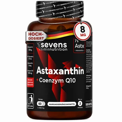 Immagine prodotto di Astaxantina ad Alto Dosaggio 8 mg + Coenzima Q10 – Materia Prima Premium AstaPure® da Microalga Haematococcus pluvialis – 60 Capsule Softgel