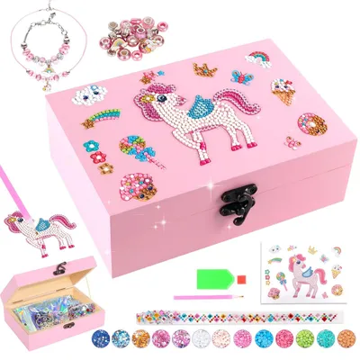 Productafbeelding van Houten doe-het-zelf sieradenkistje met ketting, armband, edelsteenstickers, piratenschatkist voor verfwerk, knutselset voor kinderen, meisjes, eenhoorn, roze