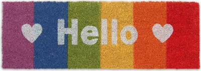 Produktbild von Relaxdays Fußmatte Kokos, Hello-Schriftzug, 75 x 25 cm, Regenbogen, Abtreter innen & außen, wetterfeste Türmatte, bunt