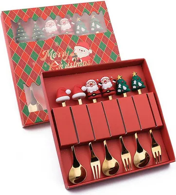 Produktbild von 6-teiliges Edelstahl-Löffel- und Gabelset mit Weihnachtsmann, Schneemann, Hirsch, Weihnachtsbaum und Hut – Dekoration für Festtagsfeiern