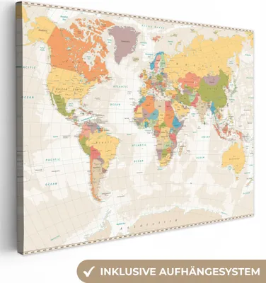 Obrázok produktu pre MuchoWow® - Plátno - Mapa sveta - Retro - Farby - Vzdelávacie - Štatistické, nástenný obraz, nástenná dekorácia obrazy obývacia izba, 80x60cm