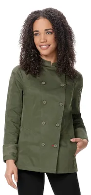 Chefjacke für Damen, Olive, Medium, mit Thermometer-Tasche