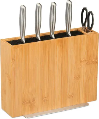 Image de Support à couteaux sans lames - Récipient à couteaux en bambou - Universel - Organisateur à couteaux avec brosse - Naturel - Noir
