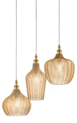 Image de Lampe À Suspension Triple Cleofe S/3 Ambre - Cadre Laiton 3X E27 Max 180W Verre Ambré Transparent - Gealuce