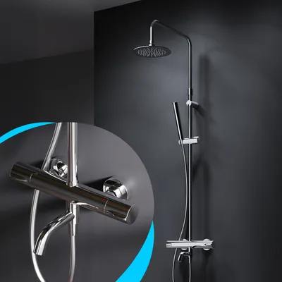 Produktbild von AM.PM Duschsystem Regendusche mit Thermostat 38℃ Edelstahl Duscharmatur Set, Duschsäule Regendusche, inkl. verstellbar Duschstange und Handbrause