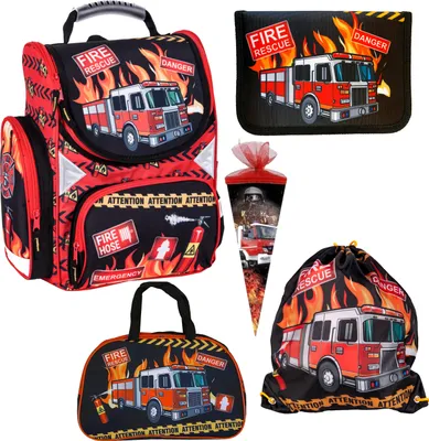 Produktbild von Feuerwehr Firefighters Schulranzen Grundschule ergonomischer Ranzen Federmappe Federtasche Federmäppchen ohne Inhalt Turnbeutel Sporttasche Zuckertüte 5er Set Fire