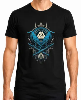 Imagen del producto de Camiseta negra, talla L, con motivos de Odín, Raben, Hugin, Munin, Valknut, runas, vikingos, guerreros, Asgard, Thor y "Señores"