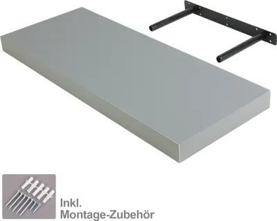 A gray floating shelf with its mounting hardware and screws shown separately.