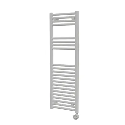 A white towel radiator against a white background.