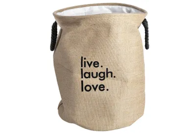 A laundry basket with text on it.