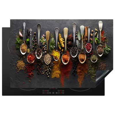Obrázek produktu pro KitchenYeah® Krycí deska na sporák bylinky - koření - beton - lžíce, 77x51cm, kuchyňská dekorace, keramická krycí deska, krycí deska na varnou desku