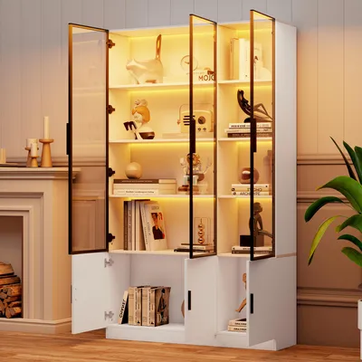 Produktbild von okwish Vitrine,Standvitrine mit LED Beleuchtung,Aufbewahrungsschrank ,Hochschrank,mit drei transparenten Glastüren,Multifunktionsschrank mit mehreren Staufächern,Weiß