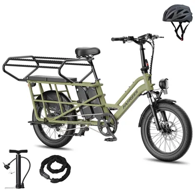 Produktbild von Longtail E-Bike Familie 48 V 30Ah mit Klapplenker & Vollfederung – 20" Fettreifen, Kindersitz inklusive, 25 km/h - Olivgrün