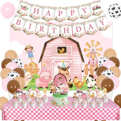 Image de Kit de décoration pour anniversaire sur le thème de la ferme, en rose, pour filles | Bannière, décorations pour gâteau, nappe, ballons