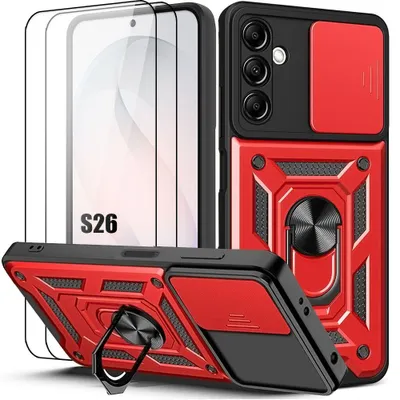 Image de Coque + 2 Verres Trempés pour Samsung Galaxy S26, avec Anneau et Protection Caméra - Rouge