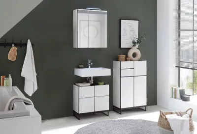 Produktbild von Badezimmer Badmöbel-Set VENEZIA 60 cm Weiß matt Spiegelschrank Wbu Highboard Set 3