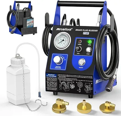 Zdjęcie produktu dla Urządzenie do odpowietrzania układu hamulcowego samochodów F109, 220V. Automatyczny zestaw do odpowietrzania układu hamulcowego z regulacją ciśnienia 0,5~2,5 bar, wyposażony w 3 adaptery do głównych cylindrów hamulcowych